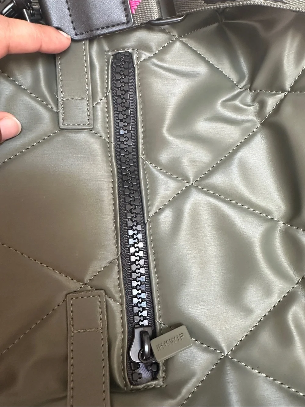 Olive Green Quilted Shoulder Bag with Pink Accent Strap